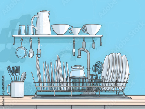 Illustration of kitchen essentials dishes, cups, and utensils neatly organized on a shelf and drying rack, enhancing domestic ambiance