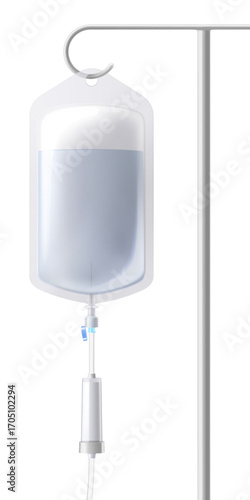 Medical drip system with Saline solution bag on tube isolated on transparent background. IV Blood Bag Dropper Stand. Laboratory equipment for blood transfusion. Realistic 3D vector illustration.