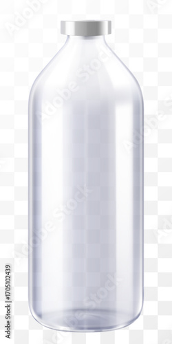 Medical Bottle. Glass Pharmacy Bottle. Drug Vial Blank. Vitamin Jar Template with Screw Lid Design. Essential Aromatic Oil Container Mockup without Label. Round Medicine Storage. Realistic 3d vector
