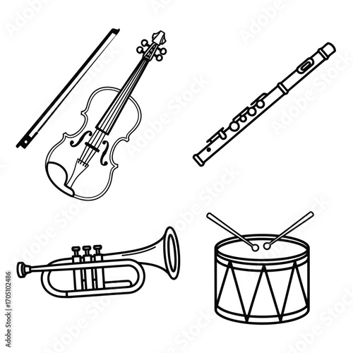 Vector illustration of collection of musical instruments with a bow and drumsticks isolated on white