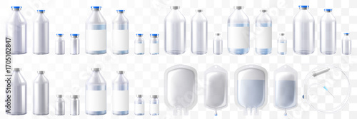 Transparent glass bottles for injections mockup. Vector illustration isolated on white background. Can be use for medicine, cosmetic and other. Ready for your design. EPS10. Realistic 3d vector