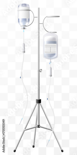 IV Stand with Drug Vial and Saline solution bag– Medical Infusion Pole with Hooks. Dropper Stand with Glass Medical Bottle. Laboratory equipment for blood transfusion. Realistic 3d Vector Illustration