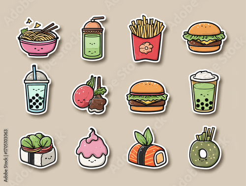 Collection of delightful and charming food icons, including ramen, burgers, fries, sushi, and various tasty beverages. Perfect for menus, designs, and more