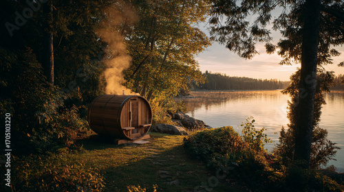 Wooden barrel sauna releasing steam during sunset, positioned lakeside amid dense forest, embodying tranquil wilderness relaxation experience