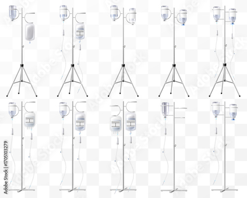 Set of Hospital IV Stands, Medical Infusion Pole with Hooks isolated on transparent background. IV Blood Bag Dropper Stand. Laboratory equipment for blood transfusion. Realistic 3d Vector Illustration
