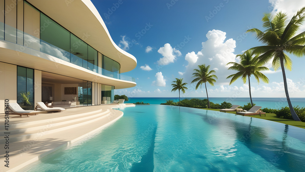 Fototapeta premium A modern villa with an infinity pool overlooking the ocean under a bright blue cloudy sky day light