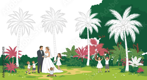 Wedding couple with children, outdoor garden ceremony, bride and groom, flower girls and ring bearers, tropical setting, celebration, family love, joyful moments