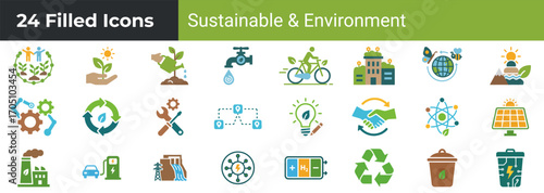 24 Eco-Friendly Sustainable Environment Icons – Green Energy, Recycling, and Nature Vector Set