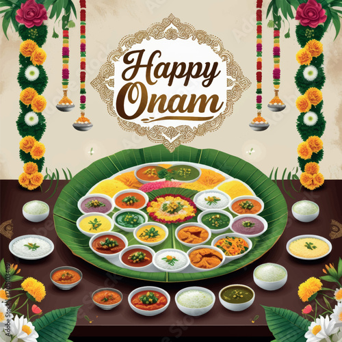 Festive Onam Sadhya Feast: Traditional Kerala Vegetarian Meal Displayed on a Large Green Leaf Platter.