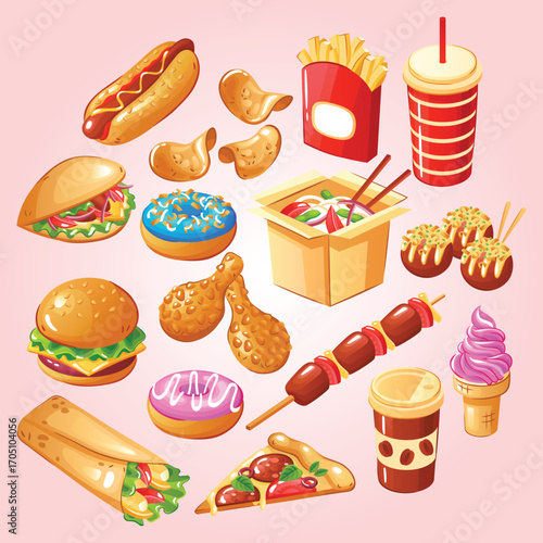 Colorful Detailed Cartoon Fast Food Menu Set Various Delicious Meals