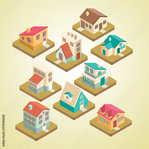 Isometric Lowpoly Different Architecture House Building Structure Residence Estate