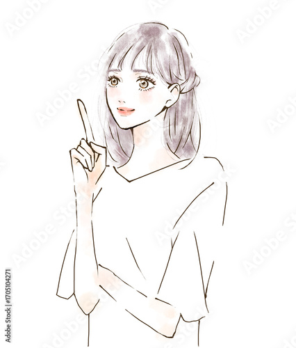 指をさしながら説明している女性の手描きイラスト　水彩風