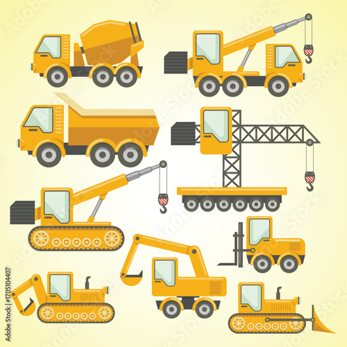 Flat Style Construction Vehicle Machinery Set Industrial Equipment Illustration