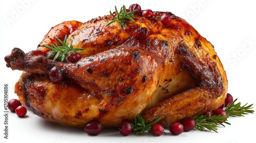 Roasted Turkey PNG on White Background with Herbs and Cranberries Photorealistic Studio Lighting