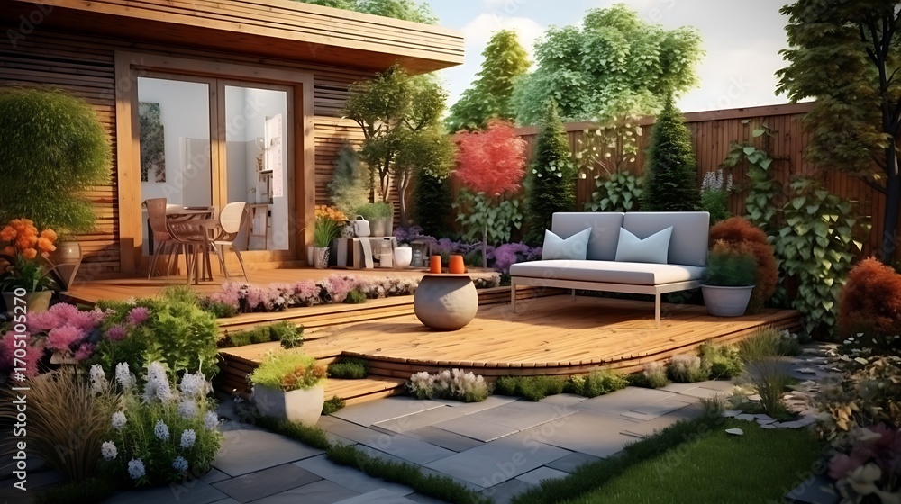 Naklejka premium Serene backyard retreat with lush garden landscaping and outdoor seating ambiance
