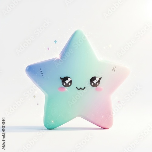 Pastel-colored star with kawaii features, smiling face, and sparkling highlights against a white background