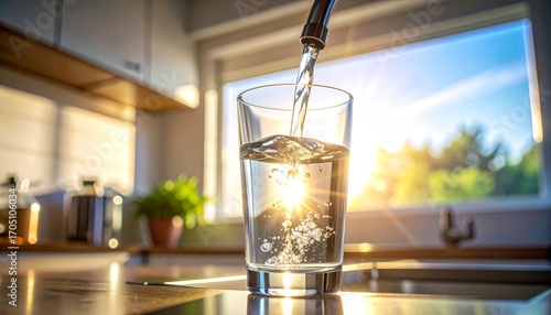 Glass being filled with clean water from a faucet in a bright kitchen with morning sunlight shining through the window. Concept of freshness, hydration, healthy lifestyle, and home comfort.