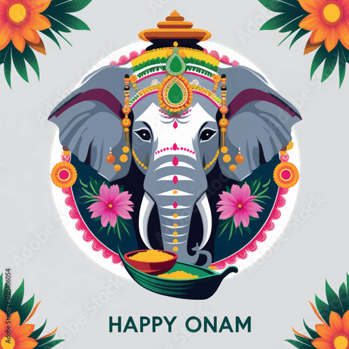 Vibrant illustration of a traditionally decorated Indian elephant head for the Onam festival.