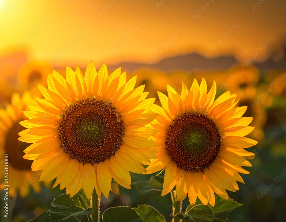 Obraz premium Two sunflowers at sunset