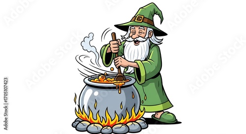 An old wizard with a long white beard and a green hat and robe is stirring a bubbling cauldron over a fire, isolated on white background