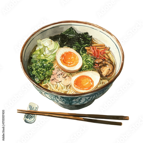 Ramen Bowl, watercolor clipart vector, isolated on a white background.