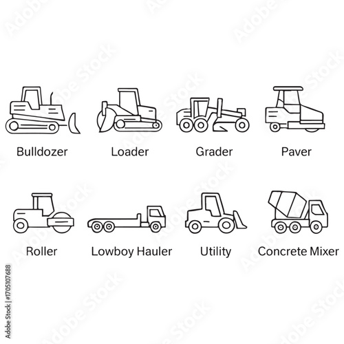 Construction vehicle line icon set vector