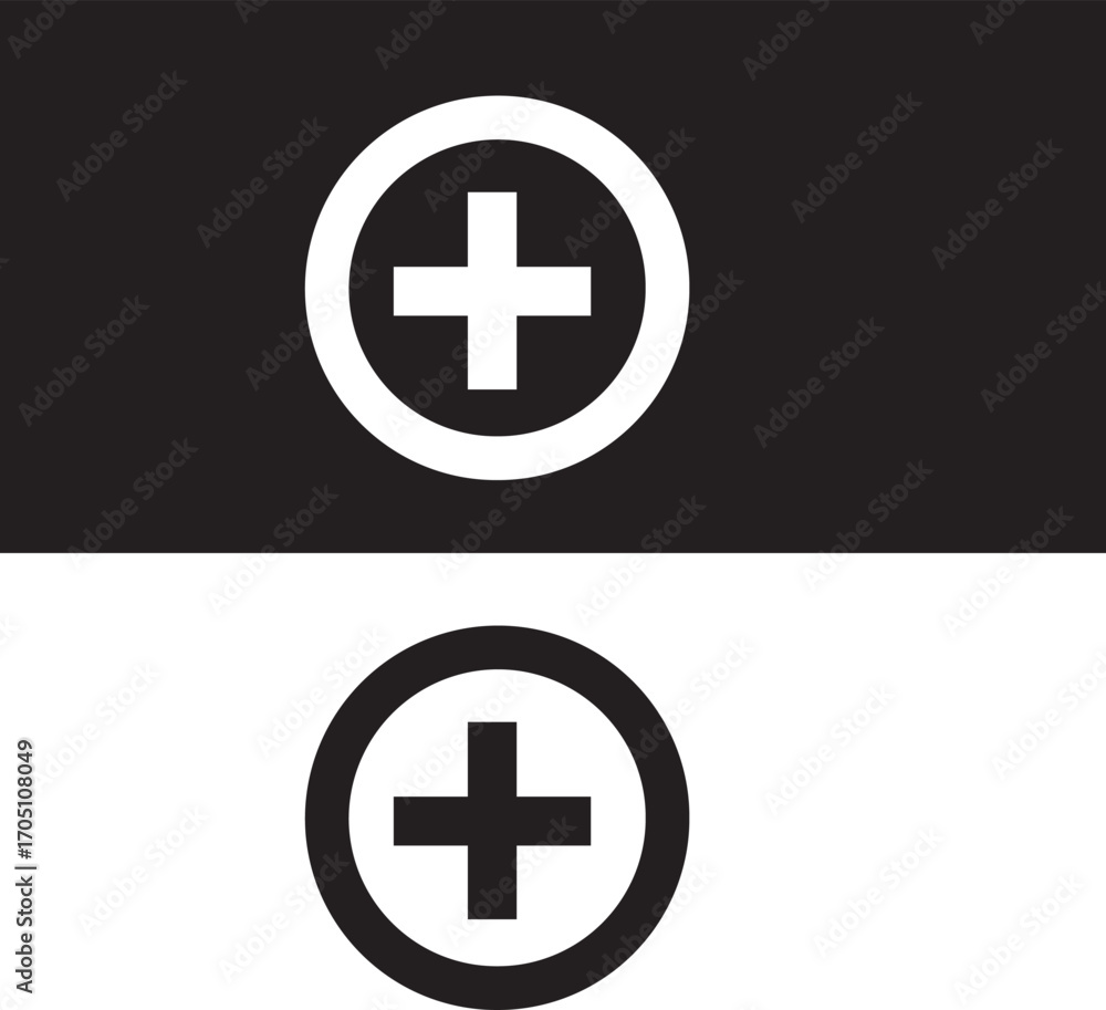 Fototapeta premium Plus and minus icons in white circles over black and white backgrounds.eps file 