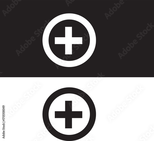Plus and minus icons in white circles over black and white backgrounds.eps file 