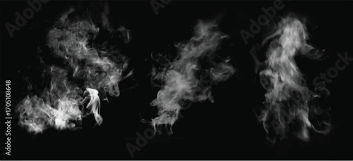 Light flowing smoke isolated on black background. Clouds on dark backdrop. Exploding white powder. Wide realistic illustration	
