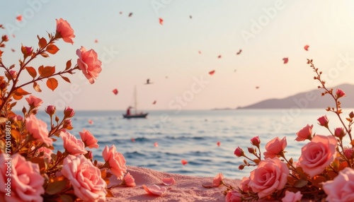 coral pink horizon theme with warm peachy coral with rose tint, romantic coral pink wash, floating rose particles, low angle golden coral light, soothing and elegant