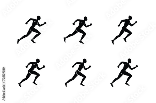 running man silhouette design set, running athlete silhouette art set, jogger man black silhouette set, marathon runner silhouette vector set, fitness running man outline set