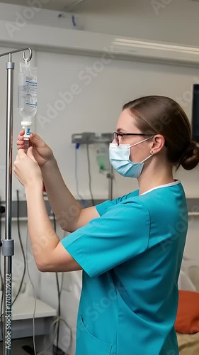 Nurse in scrubs prepares IV drip in a hospital room, ensuring patient care and safety