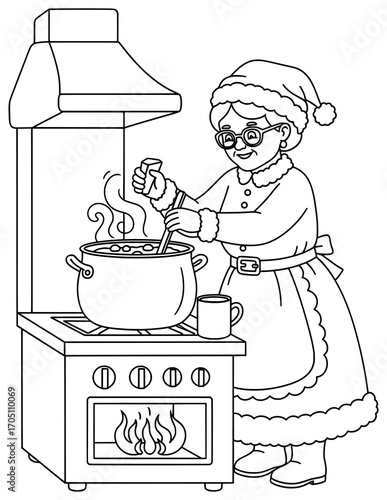 Εκτύπωση καμβά Mrs Claus vector illustration of an elderly woman in festive clothing stirring a