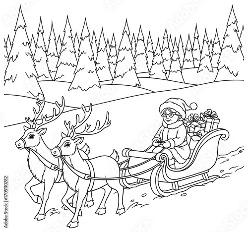 Mrs Claus vector illustration of an elderly woman riding a sleigh pulled by two reindeer through a snowy forest with gifts drawn in clean cartoon line art style
