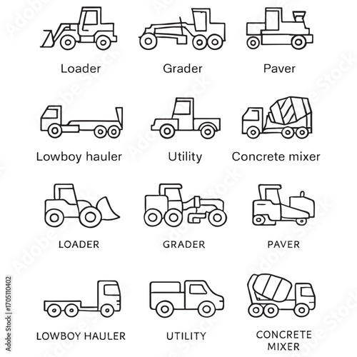 Construction vehicle line icon set vector