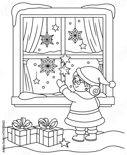 Mrs Claus vector illustration of an elderly woman in festive attire admiring Christmas stars hanging in a snowy window with gifts below drawn in clean cartoon line art style