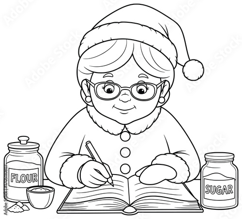 Grandmother vector illustration of an elderly woman wearing a festive hat writing recipes in a book with jars of flour and sugar placed beside her