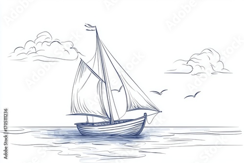 Simple line drawing of an old sailboat with billowing sails, floating on calm waters, clean lines, easy coloring page for kids, no shading.