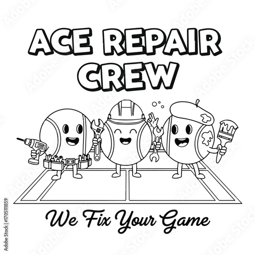 A cartoon coloring page of the 'Ace Repair Crew,' three cute tennis balls with tools on a court, ready to 'Fix Your Game'.