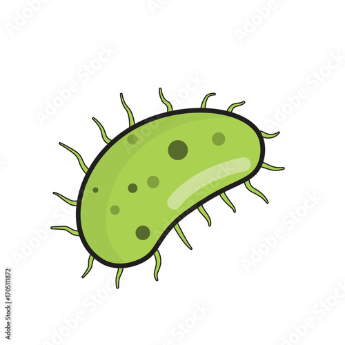 A green bacillus-shaped bacterium with fine hair-like structures surrounding its body and several dark spots across its surface, giving it a vivid and living microscopic appearance