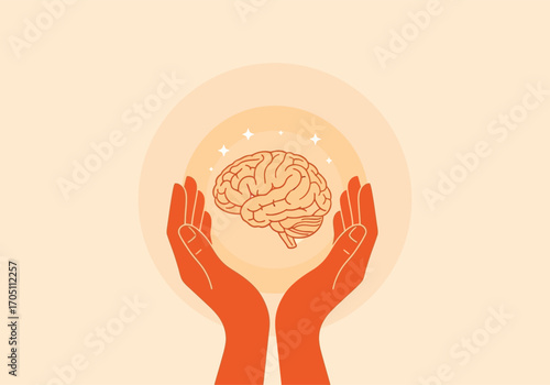 vector illustration of hands protecting a brain in a bubble for a World Mental Health Day concept of mental safety and self-care.