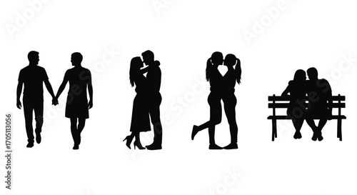Romantic silhouette collection diverse couples expressing love affection and connection in various poses vector