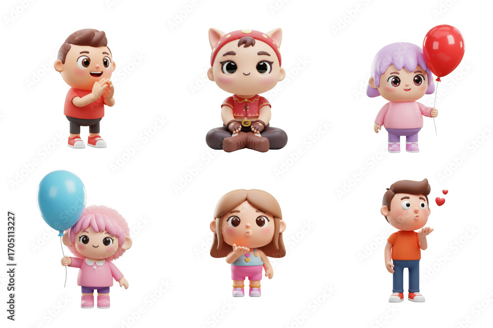 Obraz premium Collection of Six 3D Cartoon Figures with Balloons and Gestures on Transparent Background