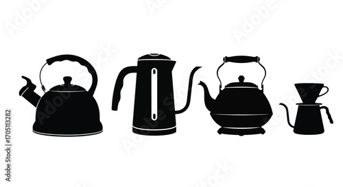 Collection of silhouette pour over coffee kettles and tea pots for beverage preparation and brewing vector