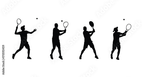 Dynamic tennis player silhouettes capturing action shots of serve and swing vector