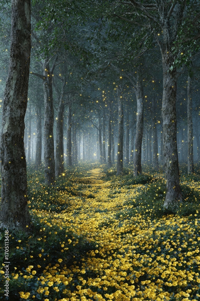 Fototapeta premium Mystic forest path, glowing flowers