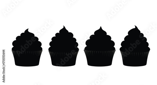 Four dark silhouettes of delicious cupcakes with swirled icing against a white backdrop vector