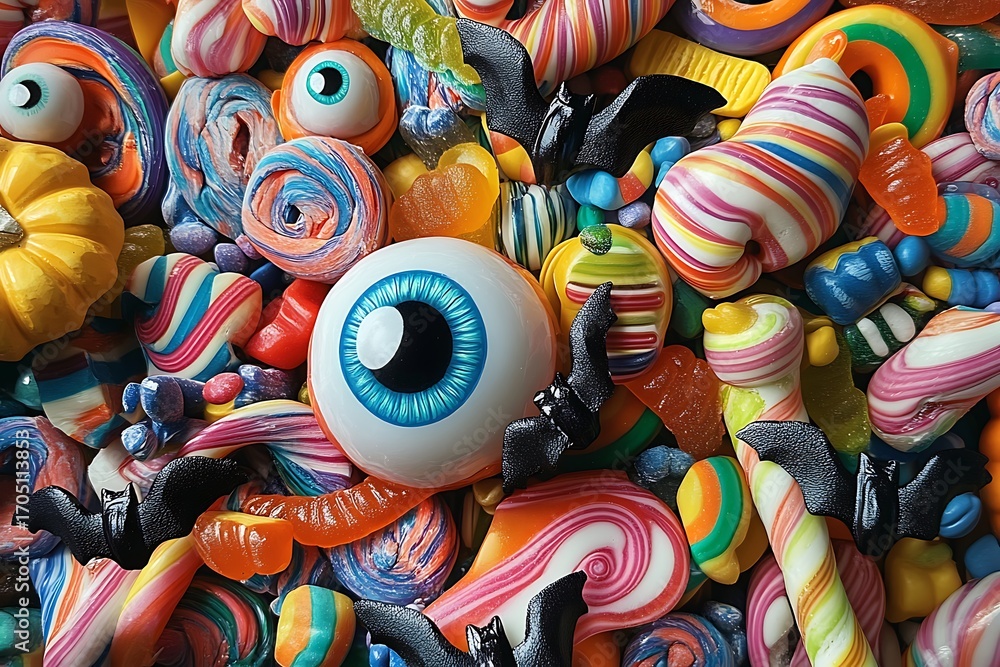 Obraz premium A vibrant assortment of Halloween candies piled together brightly.