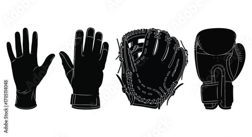Four black sports gloves including baseball mitt and boxing glove isolated on white vector