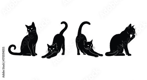 Four black cats in dynamic poses stretching and sitting gracefully vector